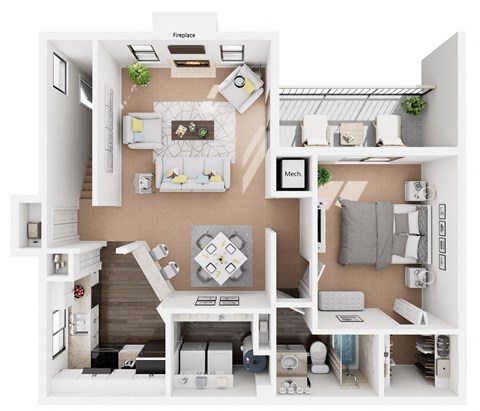 a 3d rendering of a bedroom with a desk